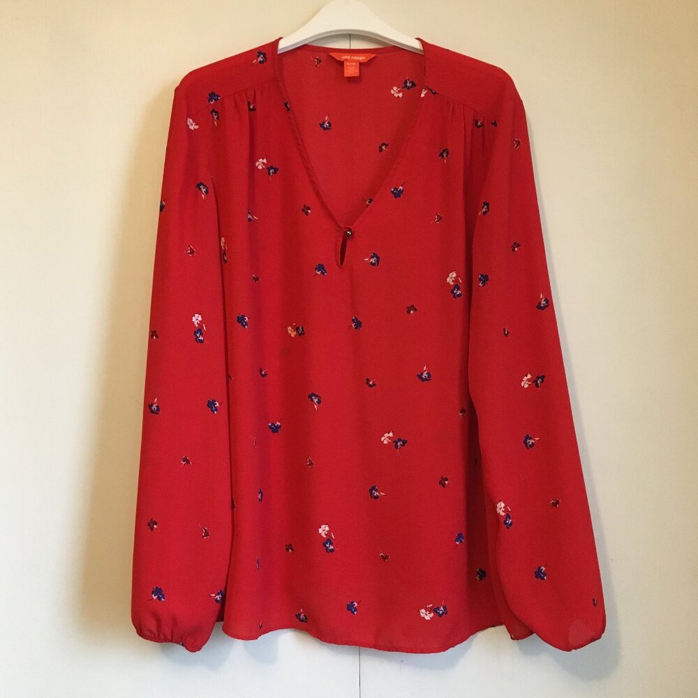 Joe Fresh Poppy Red Sheer Floral Blouse Peasant Sleeve V-Neck XL - Picture 12 of 16